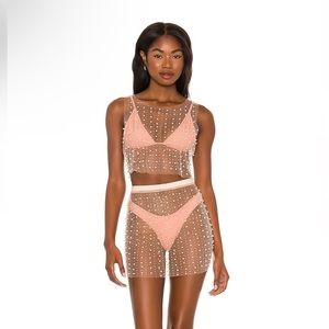 Beach Bunny Glitzy Girl Mesh Top & Skirt Set in Nude